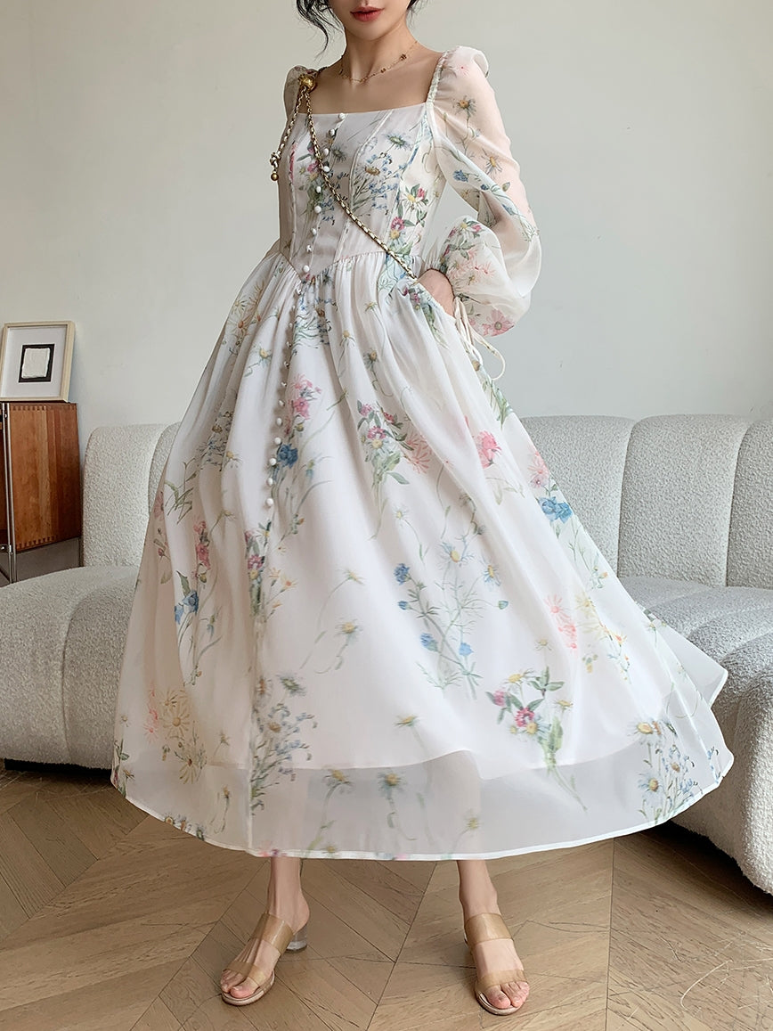 “Flower Rain in the Forest” Organza Long-Sleeve Dress