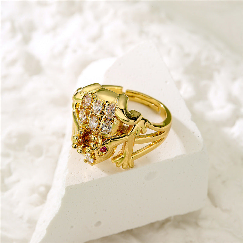 Adjustable Sparkle: Copper Micropaved Zircon Frog Geometric Ring.