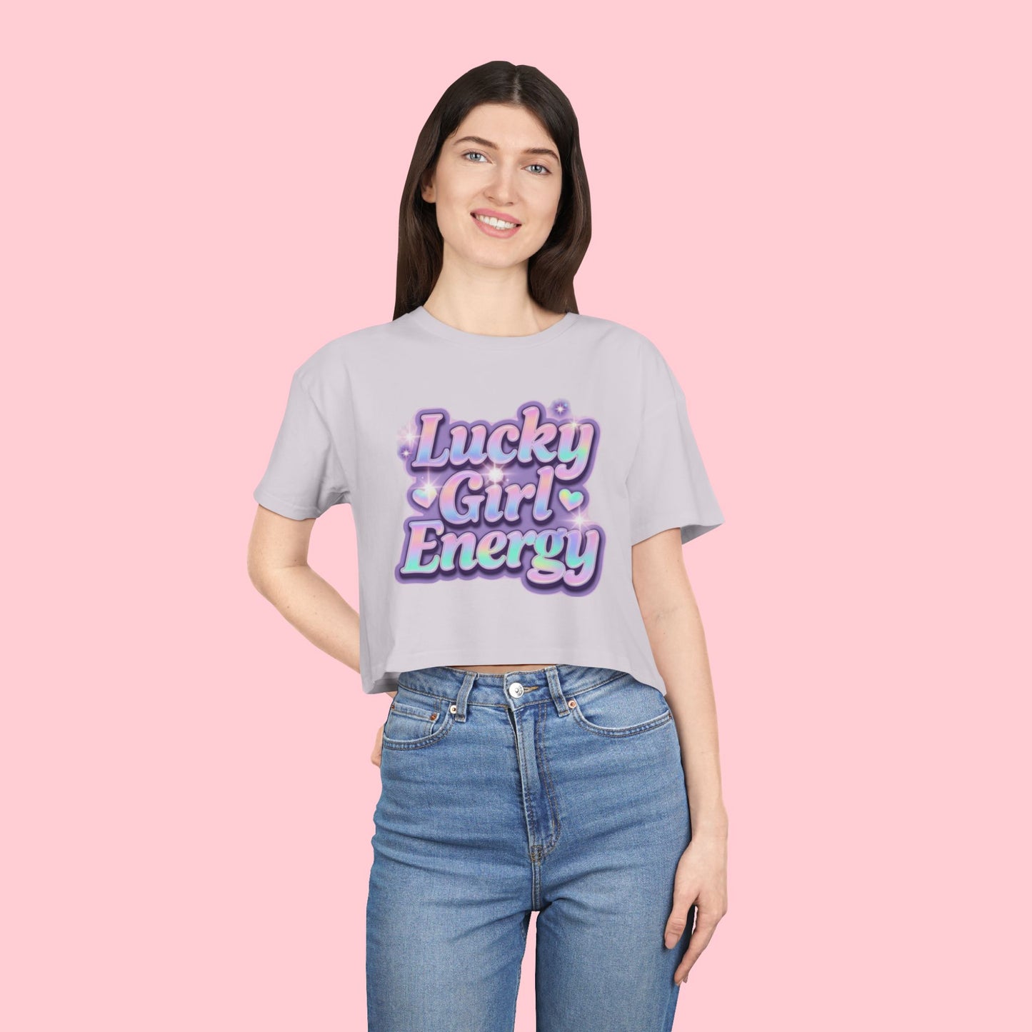 Lucky Girl Energy Crop Tee - Pastel Retro Graphic Women’s Top
