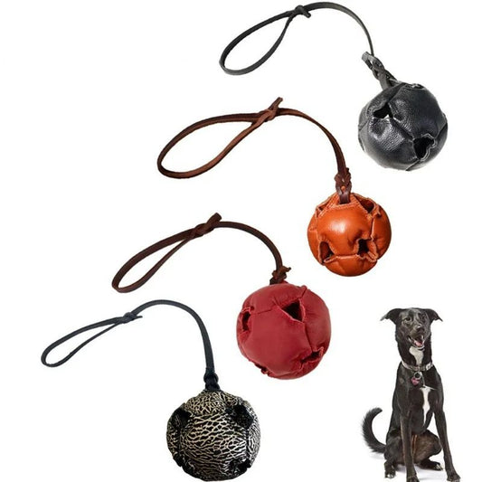 Leather Dog Training Ball Toy, Tug Ball with Handle for Bite, Reward & Obedience Training