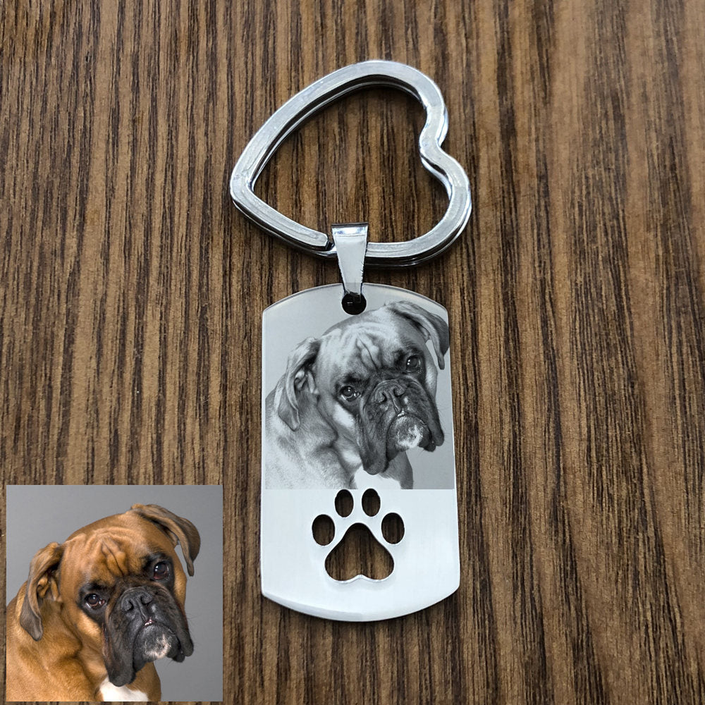 Custom DIY Dog Tag Photo Keychain, Stainless Steel Engraved Pet Portrait Keepsake