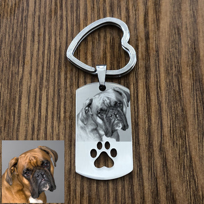Custom DIY Dog Tag Photo Keychain, Stainless Steel Engraved Pet Portrait Keepsake