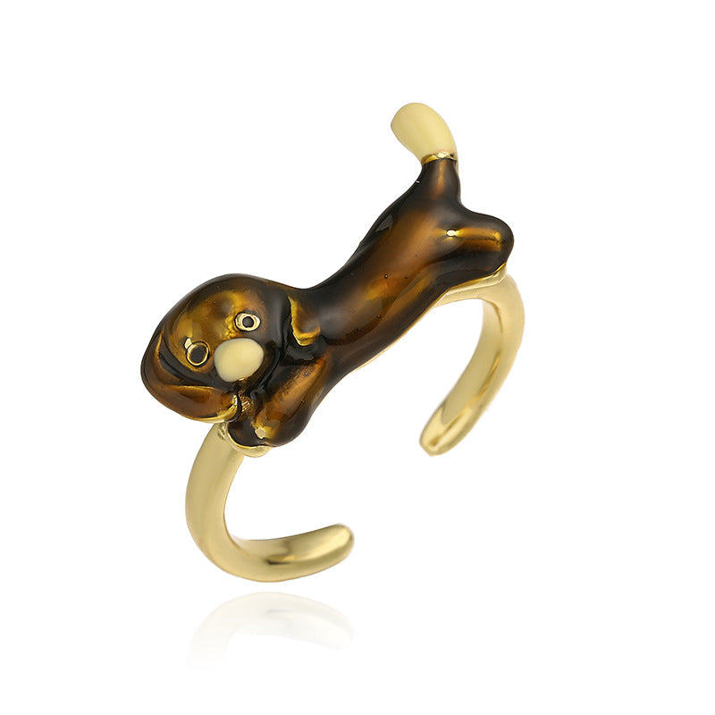 European & American Colorful Drip-Oil Sausage Dog Ring, INS Style Open Copper Ring for Women