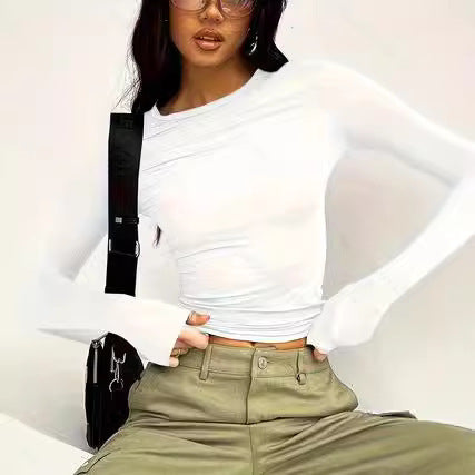 Women’s Long Sleeve Round Neck Crop Top – Ultra Short Pullover T-Shirt