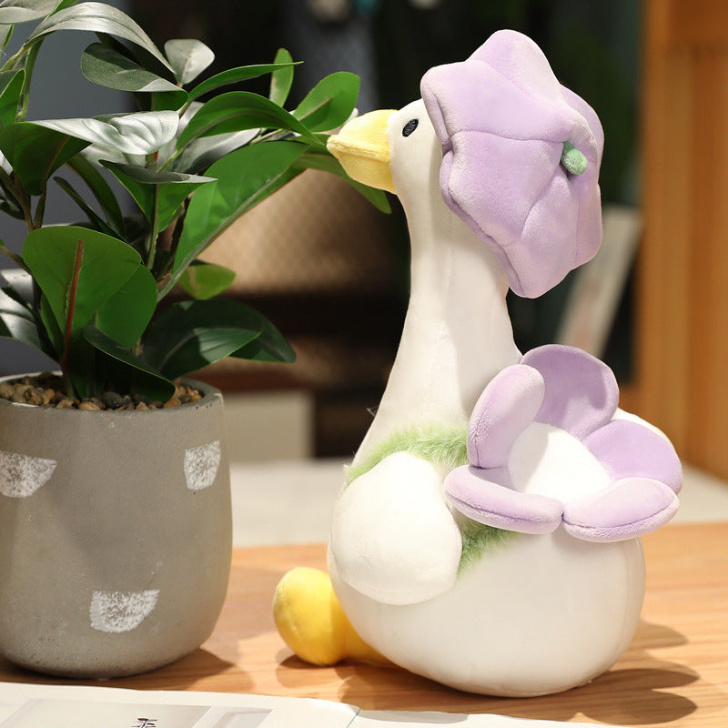 Charming Decor: Little Flower Hat Duck Plush Doll (Down Cotton Filled, Super Soft).