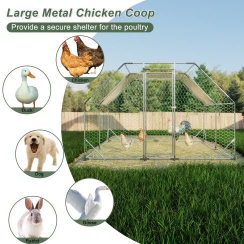 10 ft x 13 ft Galvanized Metal Walk-In Chicken Coop, Large Poultry Run, Weatherproof Hen House with UV-Resistant Cover & Predator-Safe Mesh