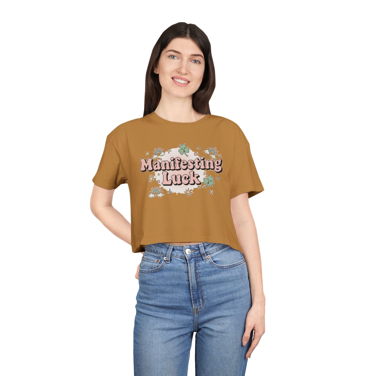 Manifesting Luck Crop Tee - Cute St. Patrick’s Day Clover & Rainbow Women's Top