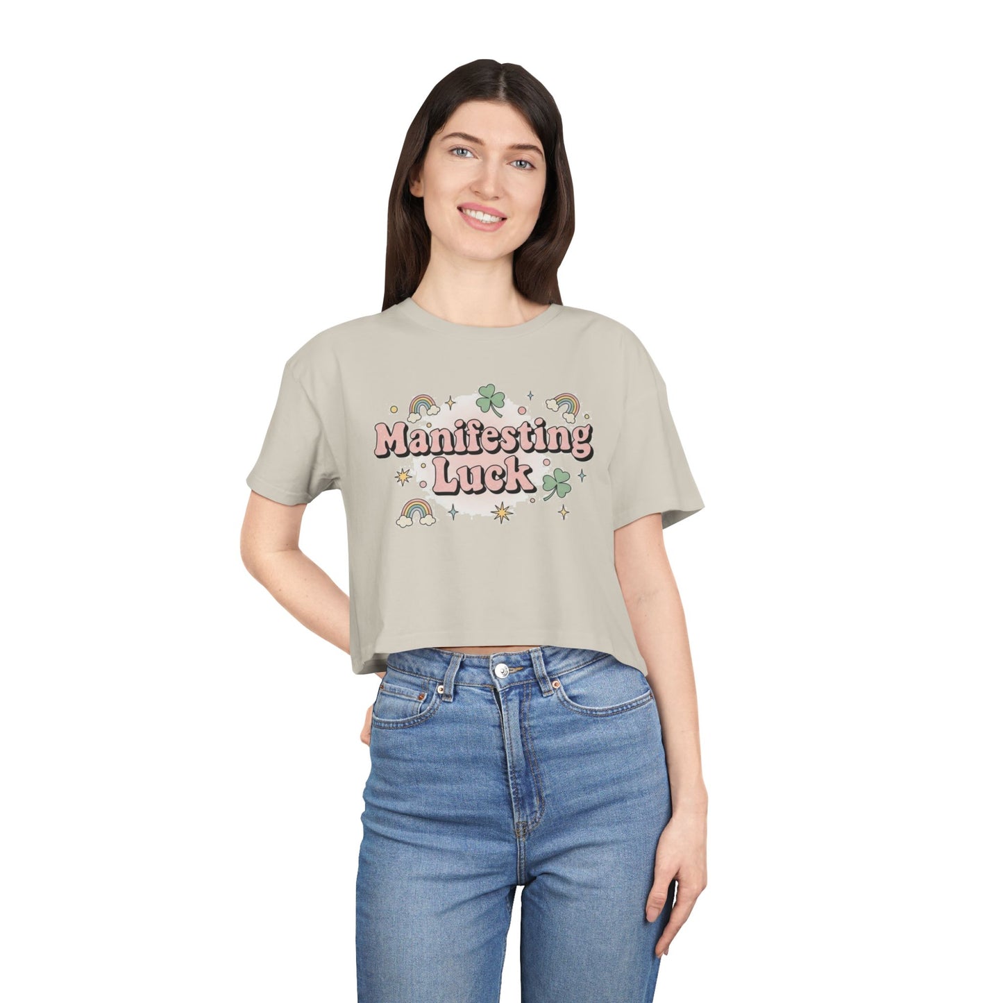 Manifesting Luck Crop Tee - Cute St. Patrick’s Day Clover & Rainbow Women's Top