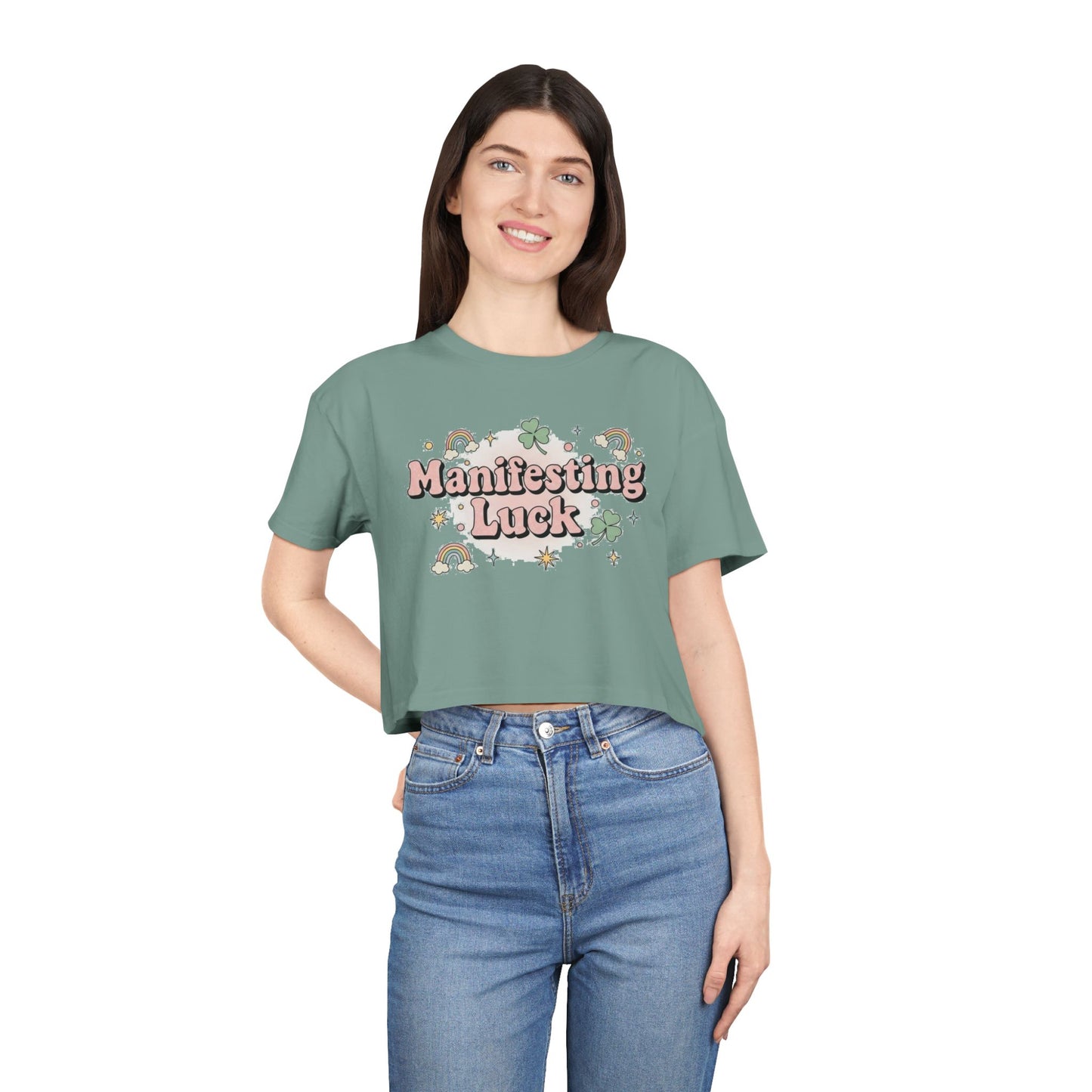 Manifesting Luck Crop Tee - Cute St. Patrick’s Day Clover & Rainbow Women's Top