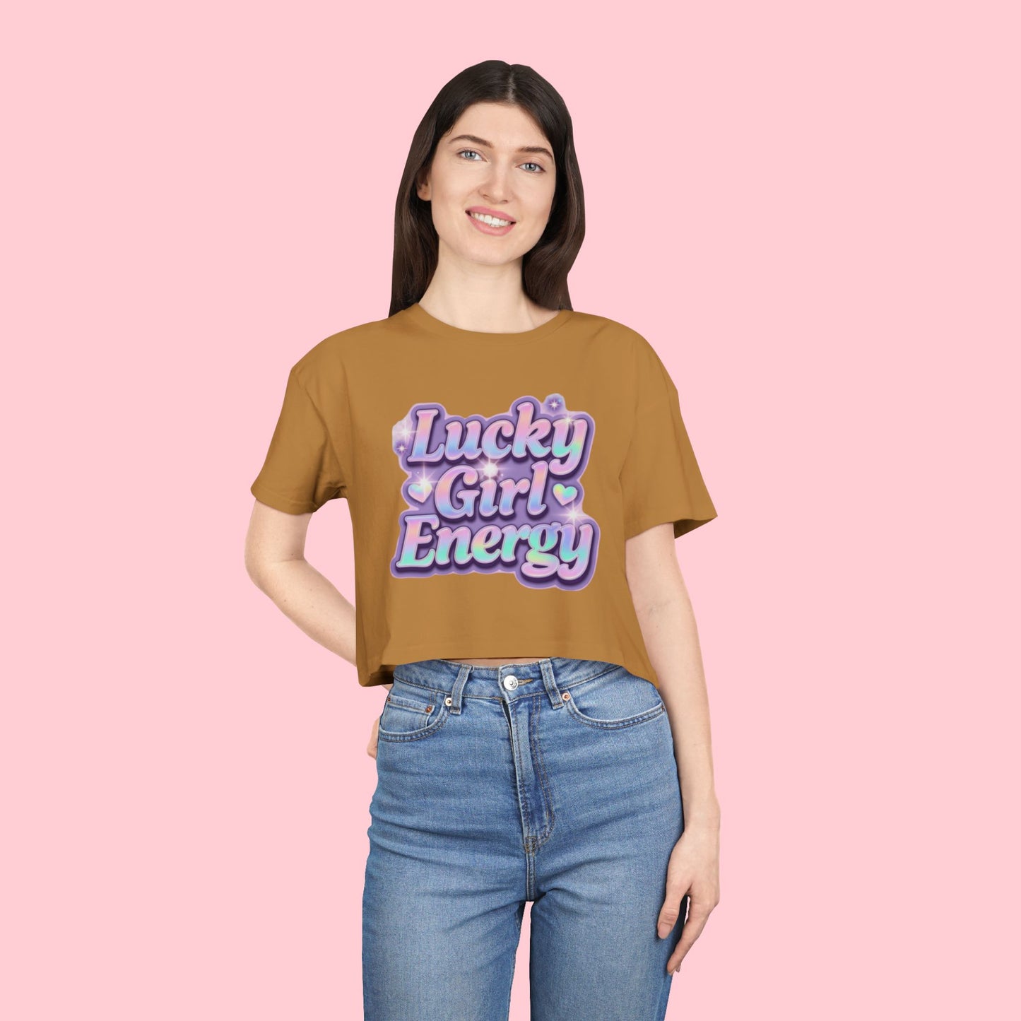Lucky Girl Energy Crop Tee - Pastel Retro Graphic Women’s Top