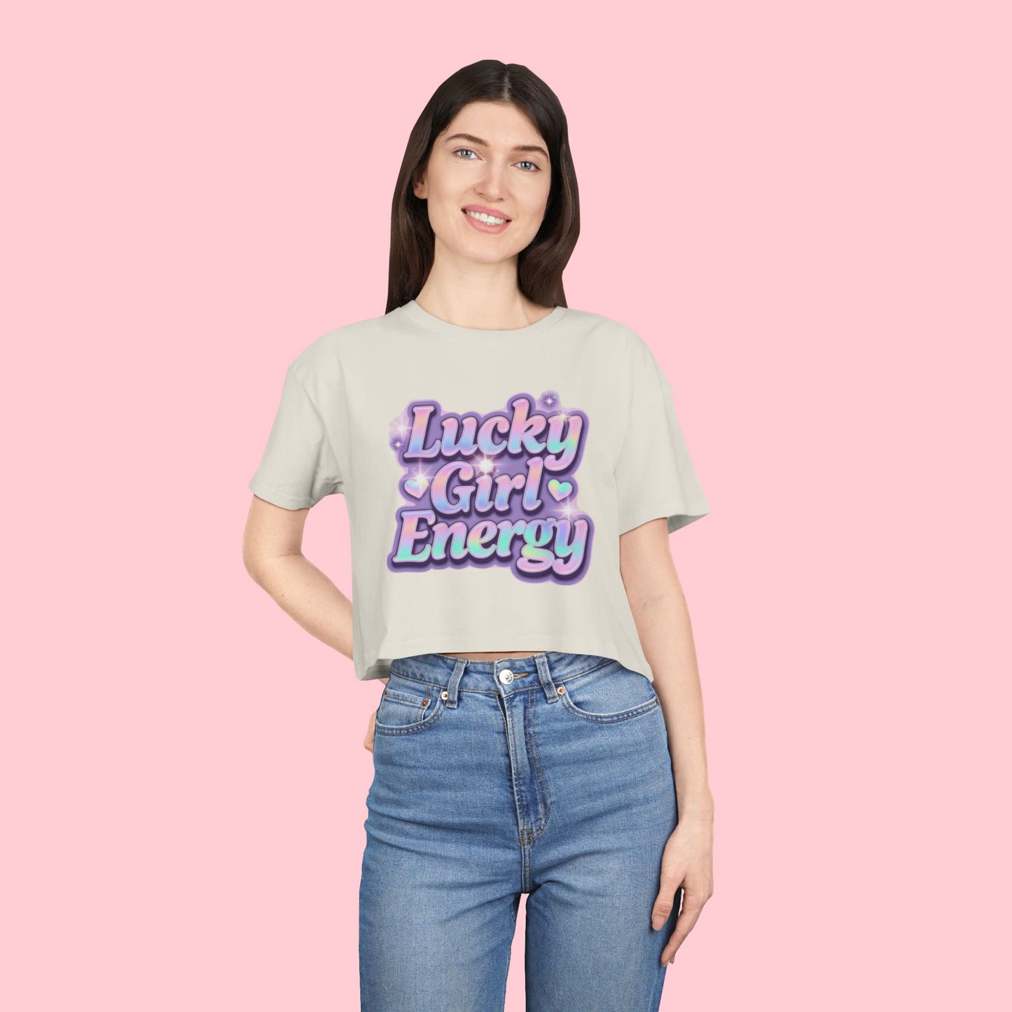 Lucky Girl Energy Crop Tee - Pastel Retro Graphic Women’s Top