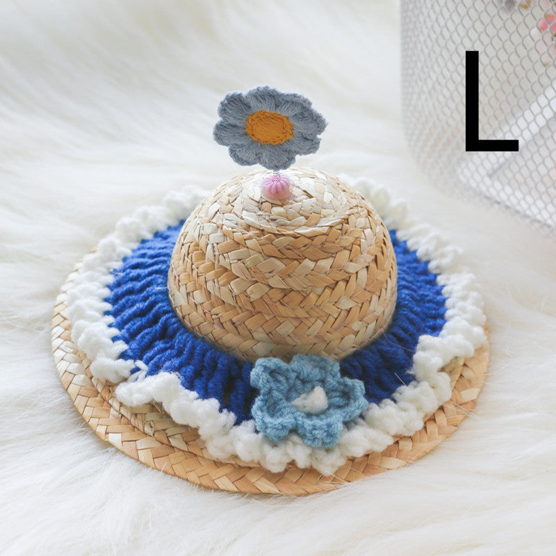 Pet Cute Knitted Straw Flower Hat, Cat & Dog Photography Prop Sun Hat