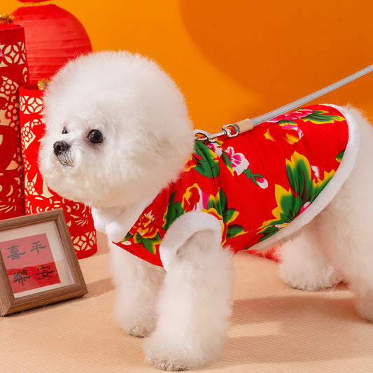 Winter Warm Dog Vest with D-Ring, Plush-Lined Floral Dog Jacket (Chinese Folk Style)