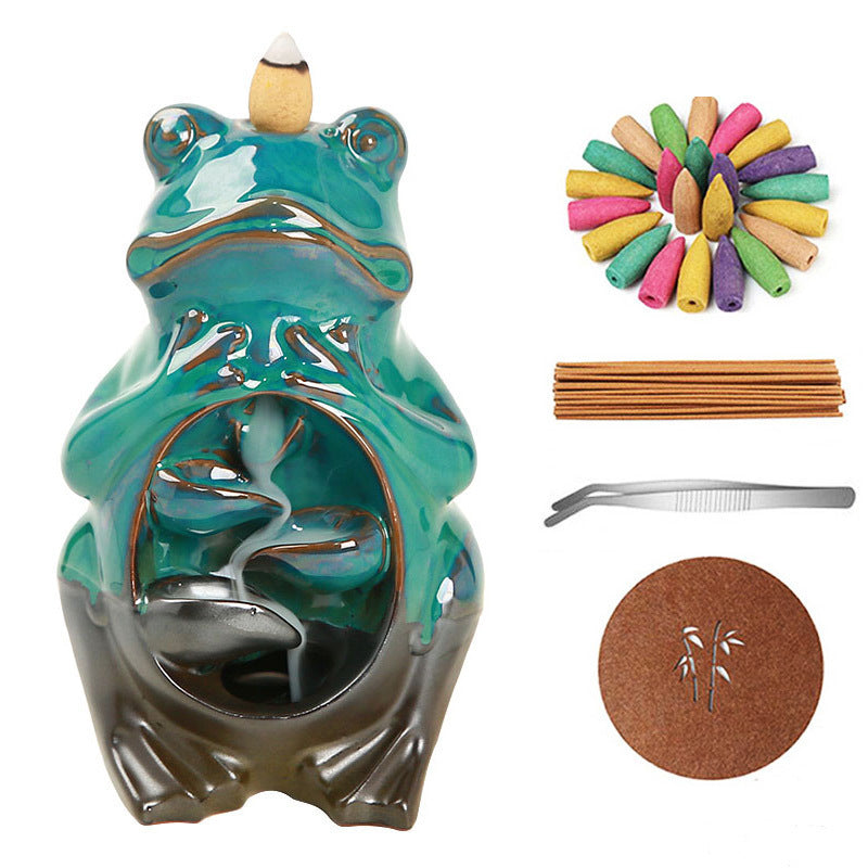 European Charm: Handmade Ceramic Frog Backflow Incense Burner (Kiln-Baked Green).