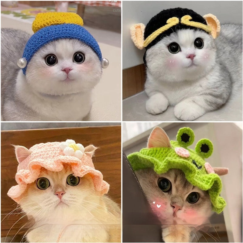 Hand-Crocheted Pet Knitted Hat, Funny INS-Style Wool Headgear for Cats & Dogs
