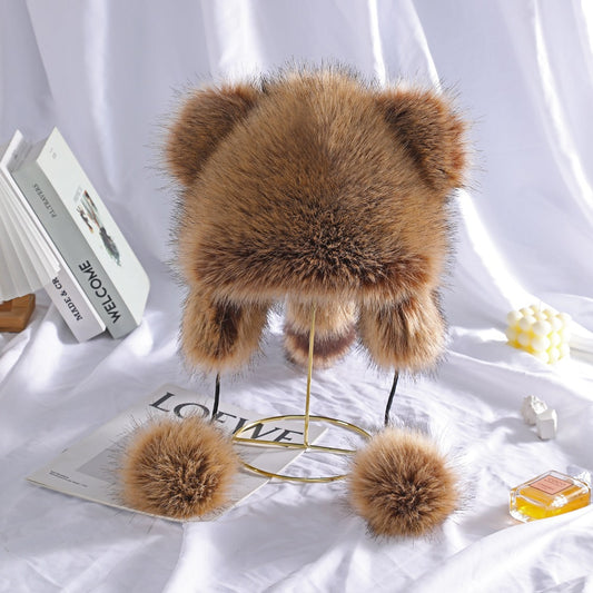 Winter Plush Raccoon Ear Protection Hat, Cute Imitation Fur Cat Ear Hat for Adults & Kids