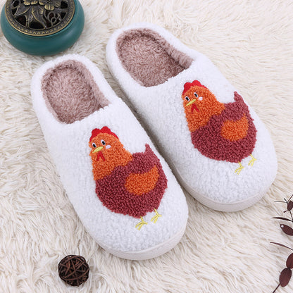 Chicken Printed Plush Slippers, Warm Cotton Indoor Shoes with Soft Bottom for Adults