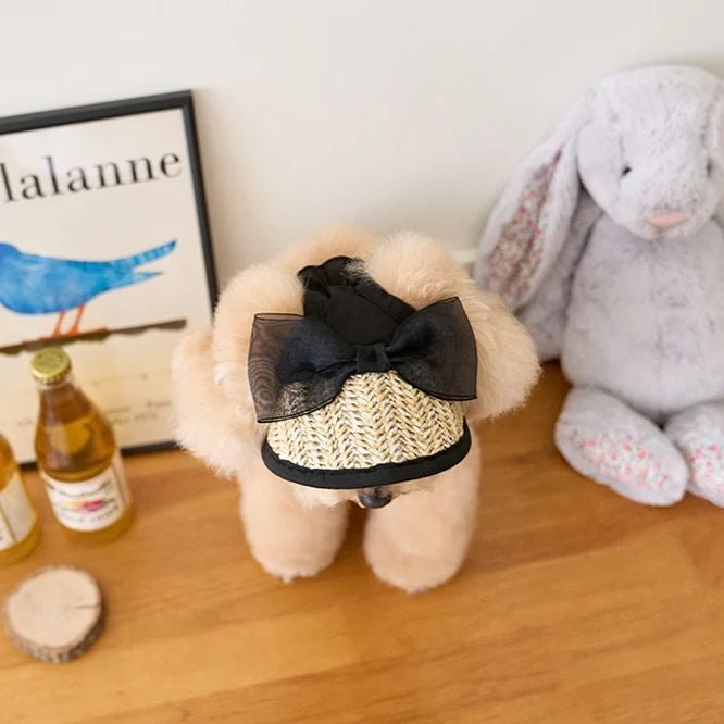 Lace Straw Sun Hat for Pets, Adjustable INS-Style Dog & Cat Hat with Rope and Pig Nose Button