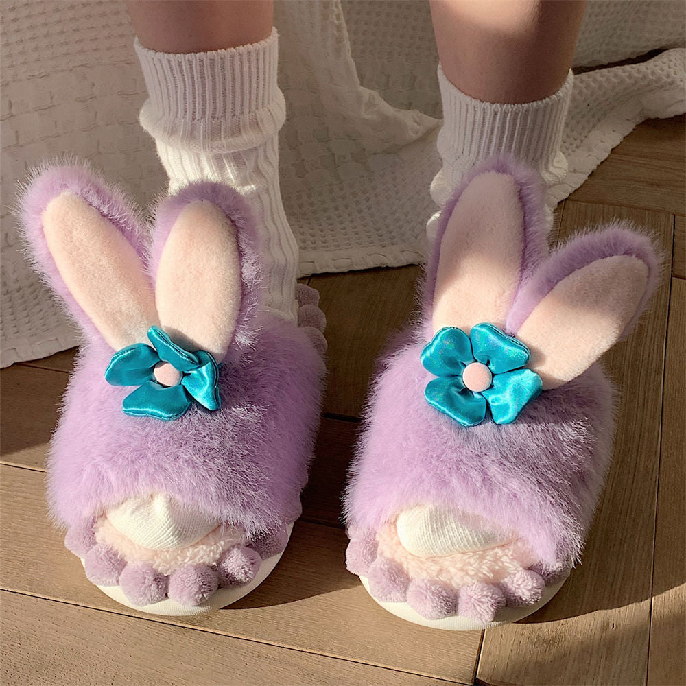 Cute Purple Bunny Plush Slippers, Non-Slip Soft Bottom Indoor Footwear
