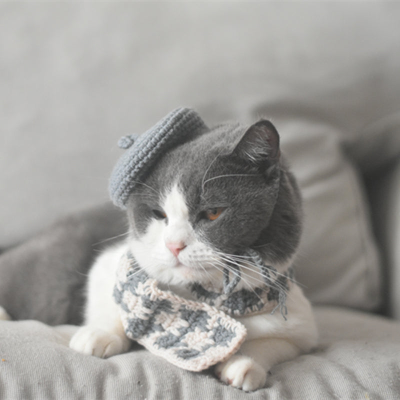 Knitted Beret & Plaid Scarf Set for Pets, Cute Belle-Style Accessories for Cats & Small Dogs