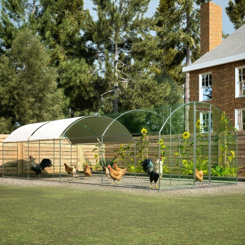 Maximal Security: Extra Large Metal Chicken Coop/Run ($\mathbf{26}$ ft Long) with Half-Roof and Waterproof Design (Silver).