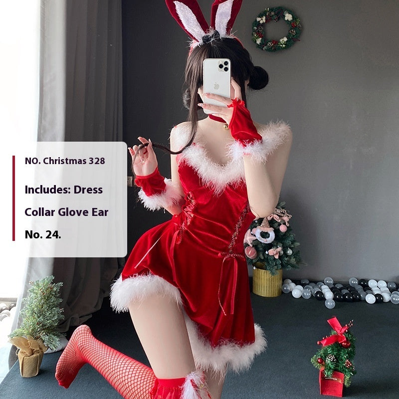 Christmas Bunny Cosplay Uniform, Gold Velvet Women’s Costume Set (Free Size)