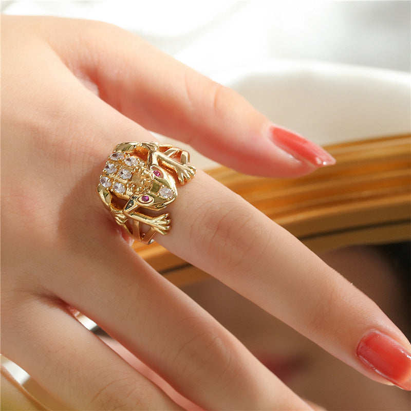Adjustable Sparkle: Copper Micropaved Zircon Frog Geometric Ring.