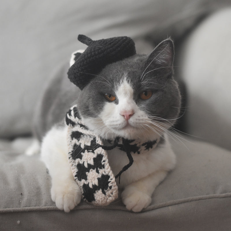 Knitted Beret & Plaid Scarf Set for Pets, Cute Belle-Style Accessories for Cats & Small Dogs
