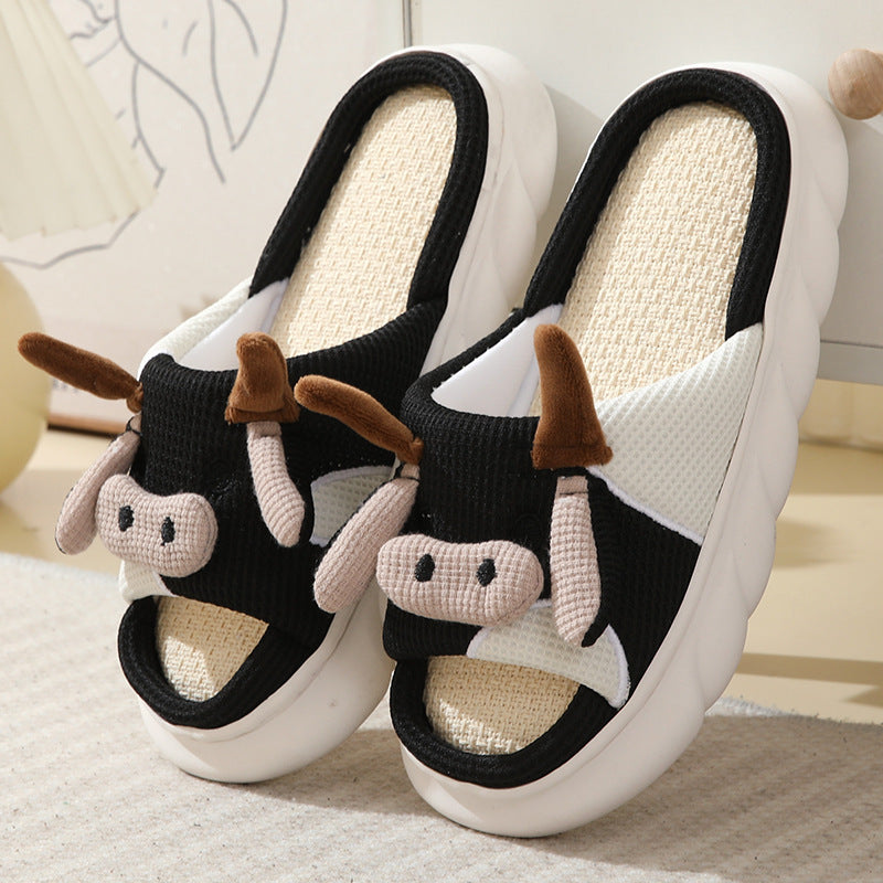 Farm Fun & Comfort: Cute Cartoon Cow and Frog Linen Non-slip Indoor Garden Slippers.