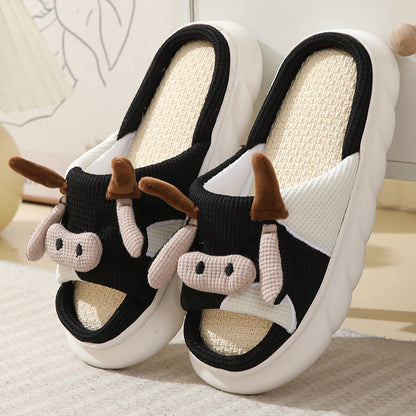 Farm Fun & Comfort: Cute Cartoon Cow and Frog Linen Non-slip Indoor Garden Slippers.