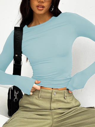 Women’s Long Sleeve Round Neck Crop Top – Ultra Short Pullover T-Shirt