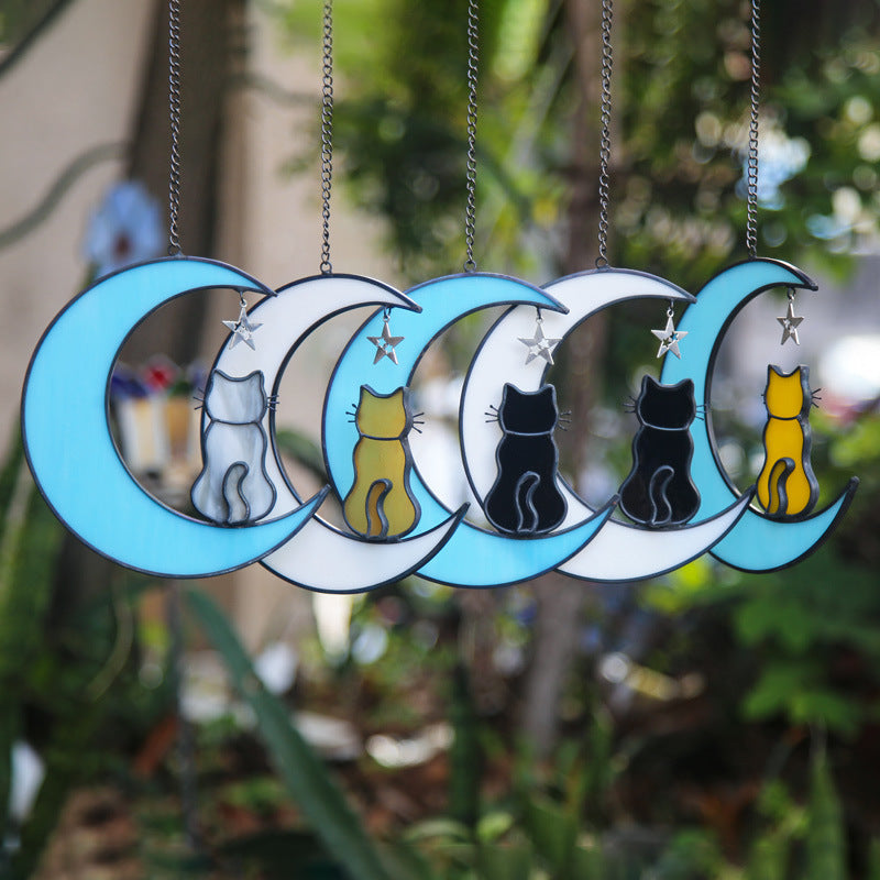 Colorful Glass Pet Cat & Dog Moon Window Ornament, Handmade Stained Glass Hanging Décor