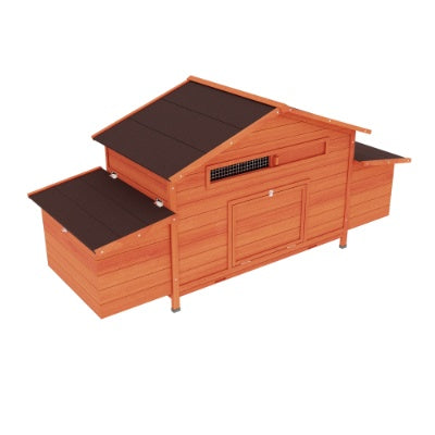 Large Wooden Chicken Coop, Outdoor Hen House with 2 Side Nesting Boxes, 2 Free-Range Doors & Leakproof Tray (Brick Red, Solid Wood)