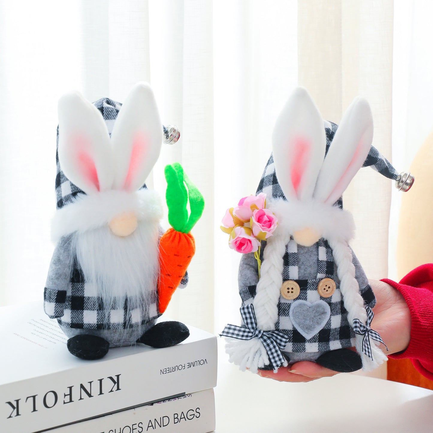 Decorative Plaid Bunny with Radish Doll, Easter Cloth Rabbit Ornament (Male & Children Styles)