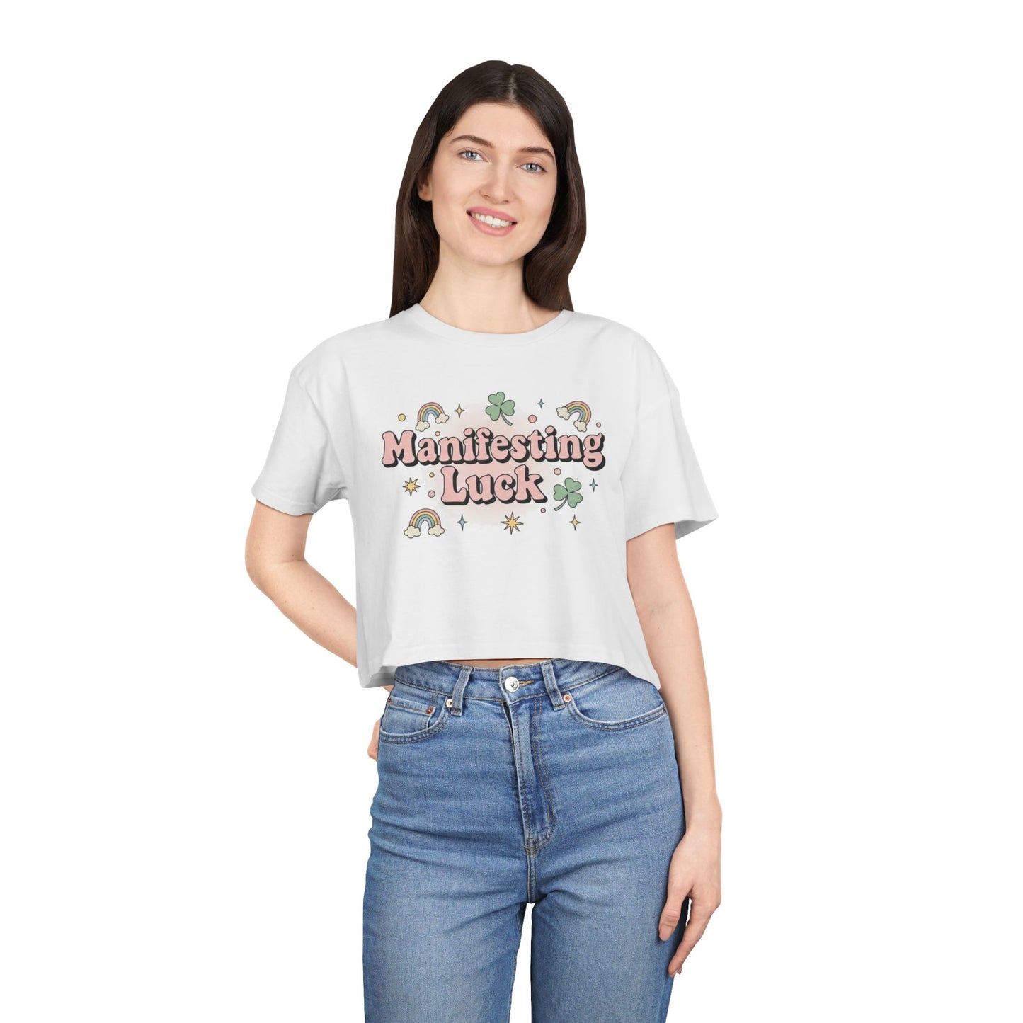 Manifesting Luck Crop Tee - Cute St. Patrick’s Day Clover & Rainbow Women's Top