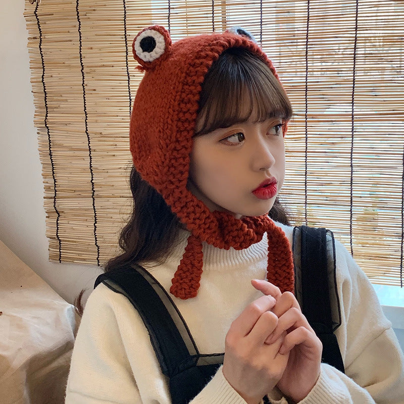Sweet & Warm: Women's Big Eyes Cartoon Frog Knitted Hat for Shopping and Travel.