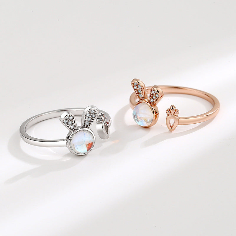 Bunny Radish Ring, Cute Moonstone Silver Ring for Women (Adjustable)