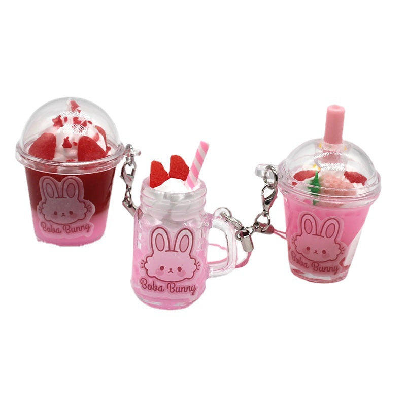 Strawberry Bunny Ice Cream Cup Keychain, Cute PVC Rabbit Drink Pendant (4–6 cm)