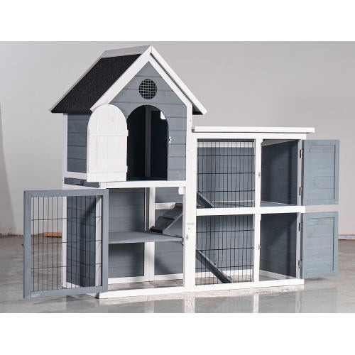 Large 2-Story Wooden Chicken Coop & Rabbit Hutch, Weatherproof Outdoor Pet House with Pull-Out Tray & Waterproof Roof (Grey-Blue, 50.98"L x 48.23"H)