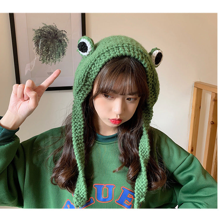 Sweet & Warm: Women's Big Eyes Cartoon Frog Knitted Hat for Shopping and Travel.