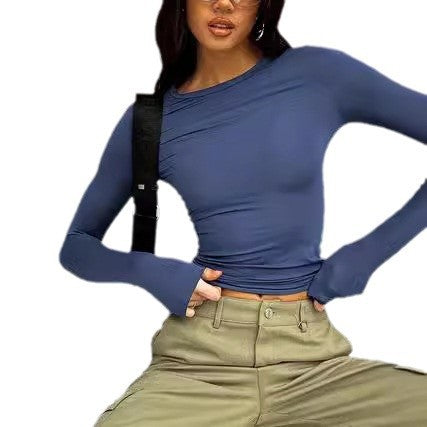 Women’s Long Sleeve Round Neck Crop Top – Ultra Short Pullover T-Shirt