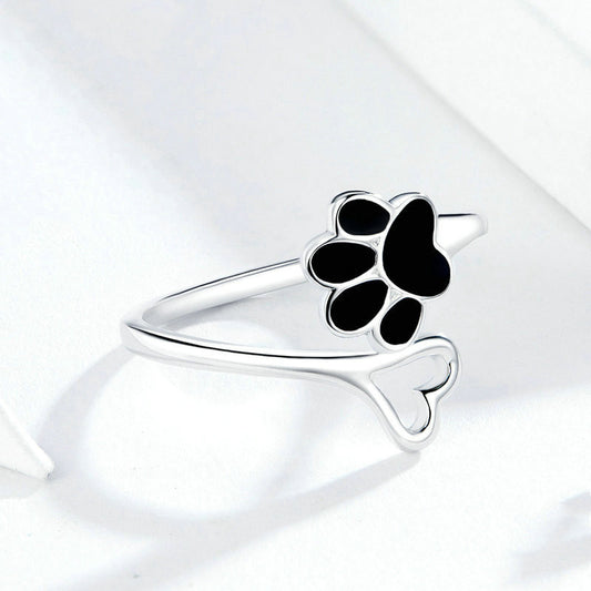 Cute Dog Paw Print S925 Sterling Silver Ring, Platinum-Plated Pet Lover Jewelry