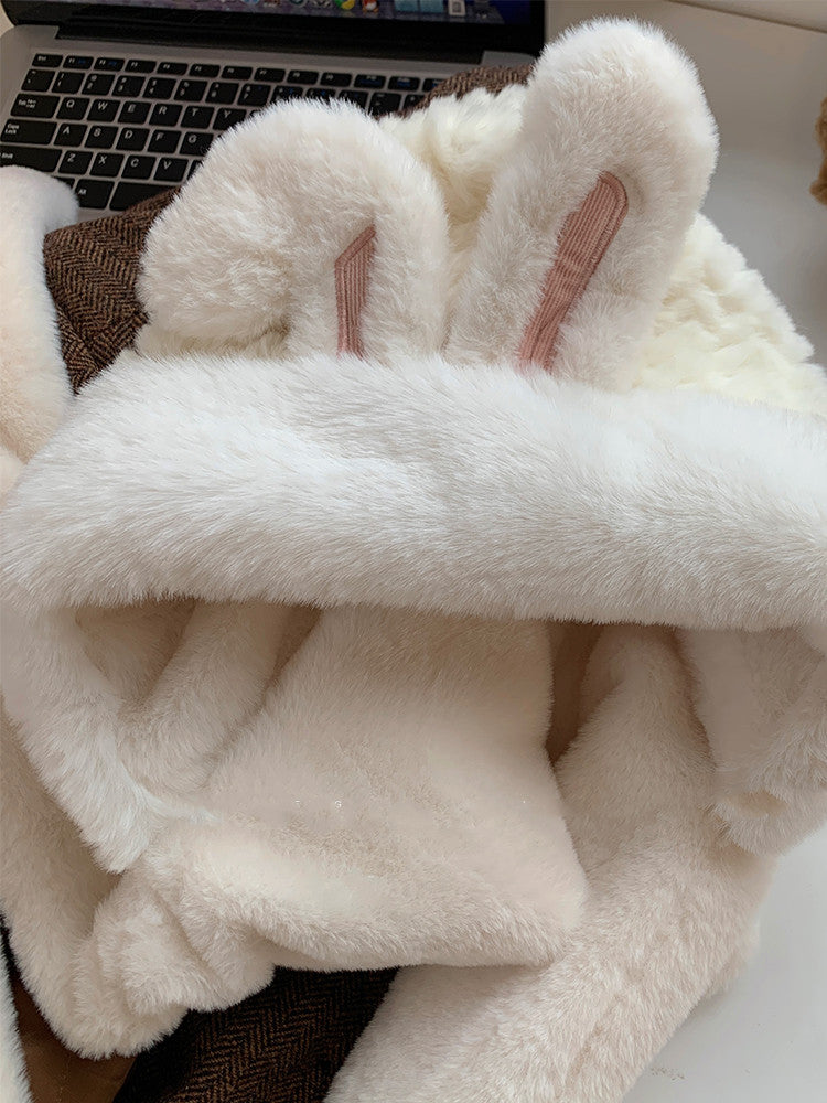 White Bunny Ears Hat & Scarf All-in-One, Winter Shu Cotton Velvet Three-Piece Set