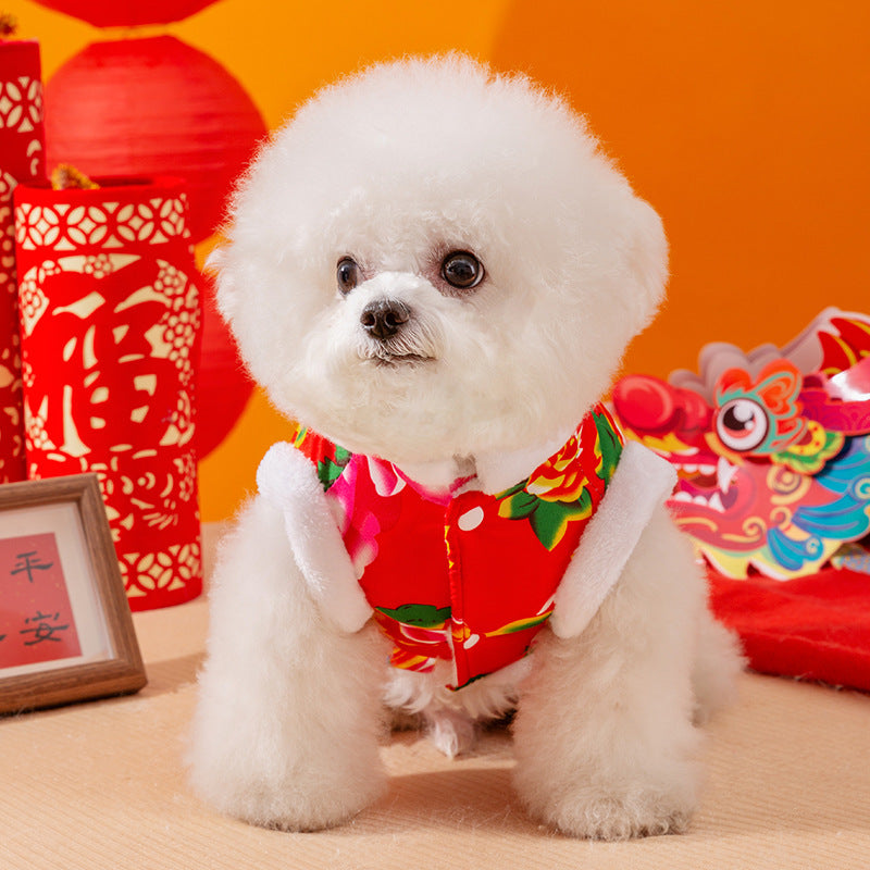 Winter Warm Dog Vest with D-Ring, Plush-Lined Floral Dog Jacket (Chinese Folk Style)