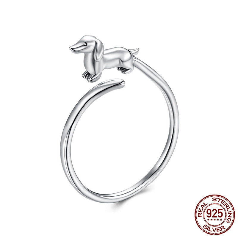 Cute Animal S925 Sterling Silver Sausage Dog Open Ring, Adjustable Women’s Bracelet-Style Ring