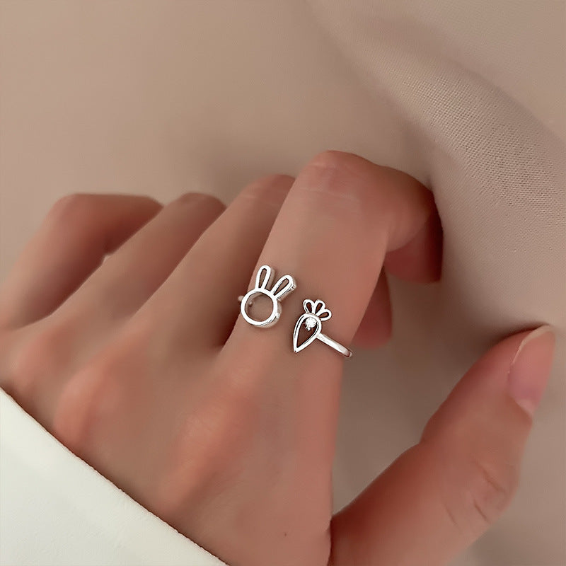 Cute Girlish Bunny & Carrot Ring, Simple Fashion Inlaid Zircon Adjustable Ring