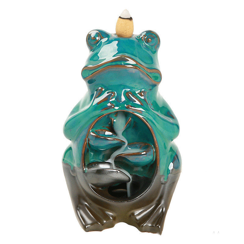 European Charm: Handmade Ceramic Frog Backflow Incense Burner (Kiln-Baked Green).