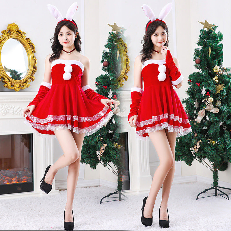 Maid Bunny Christmas Costume, Cute Holiday Dress Set with Shawl, Hat & Skirt