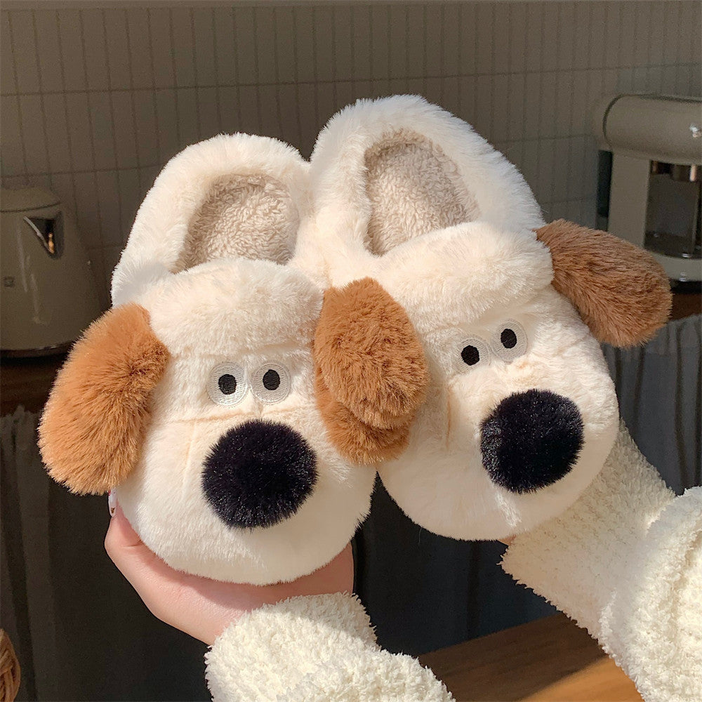 Dog Plush Toe Cap Cotton Slippers for Women, Cute Non-Slip Indoor Winter Home Shoes