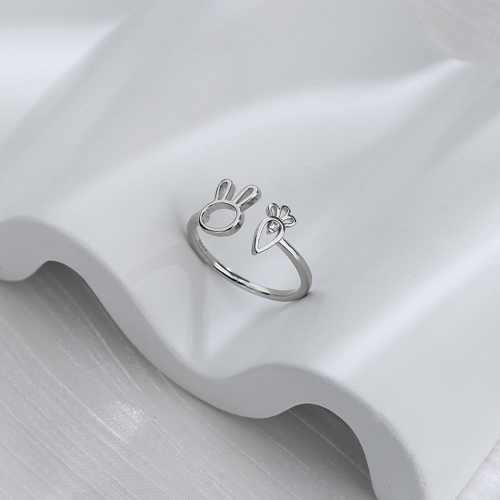 Cute Girlish Bunny & Carrot Ring, Simple Fashion Inlaid Zircon Adjustable Ring